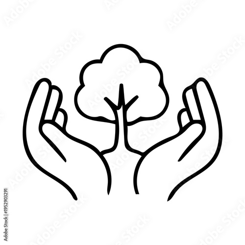 Cupped hands protecting lush tree symbol for forest preservation and environmental guardianship campaign vector graphic
