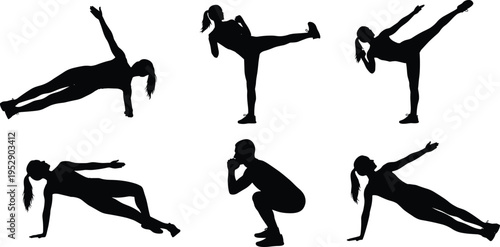 Black silhouettes of people doing fitness exercises including planks squats and high kicks isolated on white background for gym workout poster