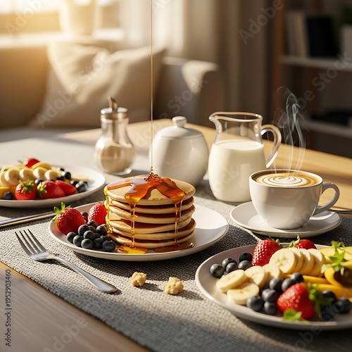Delicious breakfast scene with pancakes syrup berries fruit and hot coffee on table near window