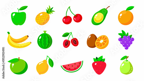 Colorful cartoon illustration featuring a variety of fresh fruits