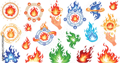 Magic fire elements vector set with colorful flames mystical circles energy spells and fantasy burning effects illustration collection