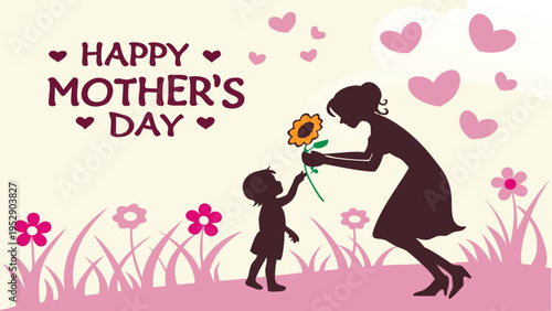 Mother's Day vector illustration of child giving flower to mother
