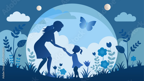 Vector illustration of mother and child in nature scene