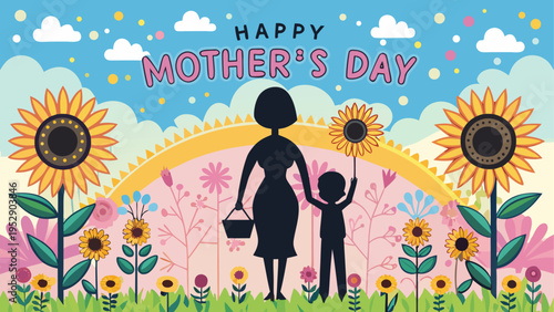 Mother's Day illustration with rainbow and sunflowers vector