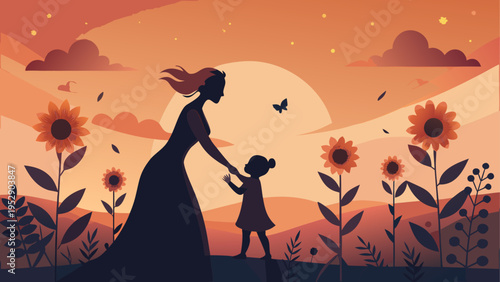 Vector illustration of mother and child in sunflower field at sunset