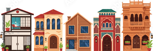 Residential house facades vector set with modern traditional and ethnic architecture styles colorful building exterior illustration collection