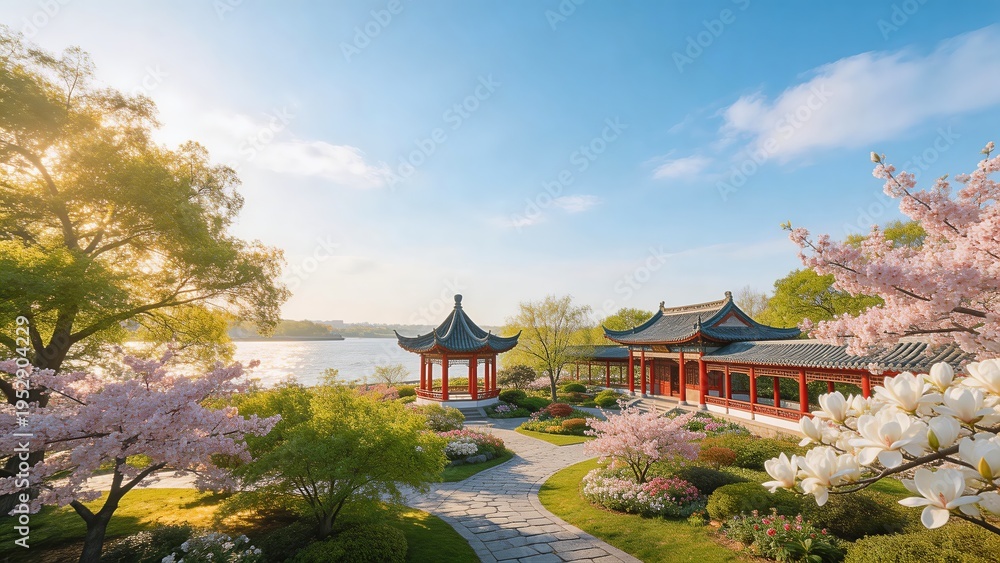 Obraz premium Spring Garden with Chinese Pavilion and Cherry Blossoms