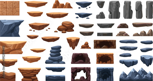 Rock and stone platform vector set with caves cliffs mountains and game environment elements for 2D design collection