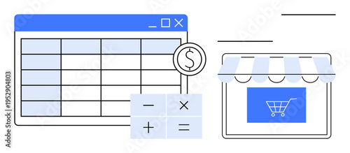 E-commerce management, financial planning, budgeting, online shopping, cost tracking, digital business tools. Spreadsheet, calculator storefront icon. E-commerce management and financial planning