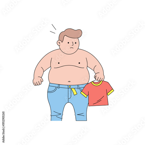Overweight boy looking frustrated while holding a too-small shirt  