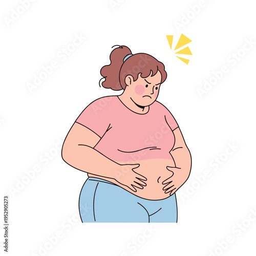 Overweight woman holding her belly and looking unhappy  