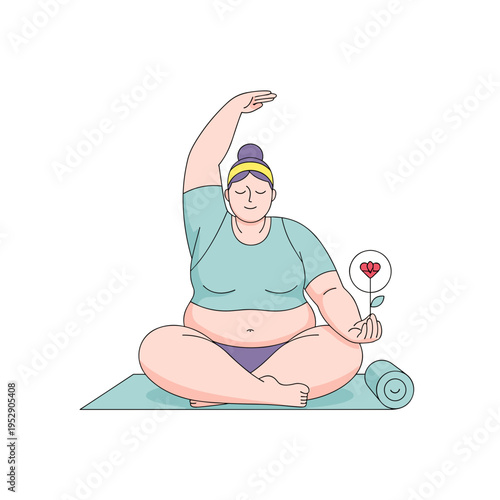 Overweight woman practicing yoga with a flower on mat  