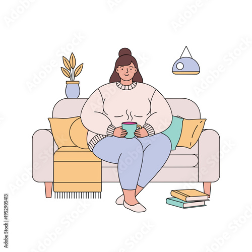 Young woman sitting on couch holding a cup of tea in cozy living room  