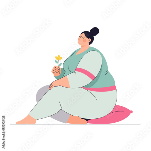 Plus-sized woman sitting on pillow holding a flower in relaxed pose. Accepting Your Body