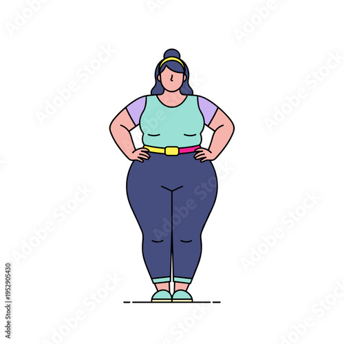Overweight woman standing confidently with hands on hips in sporty outfit  
