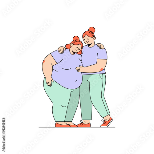 Two plus-size women embracing each other with smiles in casual attire  