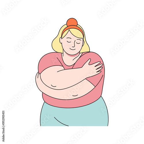 Plus-size woman smiling and embracing herself in a light setting. Accepting Your Body