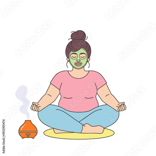 Overweight woman meditating with facial mask and aromatherapy diffuser 