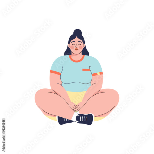Overweight woman sitting cross-legged and smiling in casual attire 