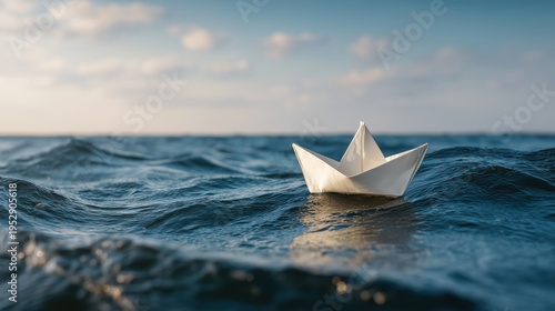 Paper boat on ocean waves symbolizing business resilience. Overcoming uncertainty, risk management, leadership and staying afloat in volatile market conditions. Strategy and survival concept