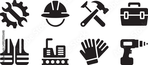A set of black silhouette icons depicting various essential construction tools and worker safety equipment