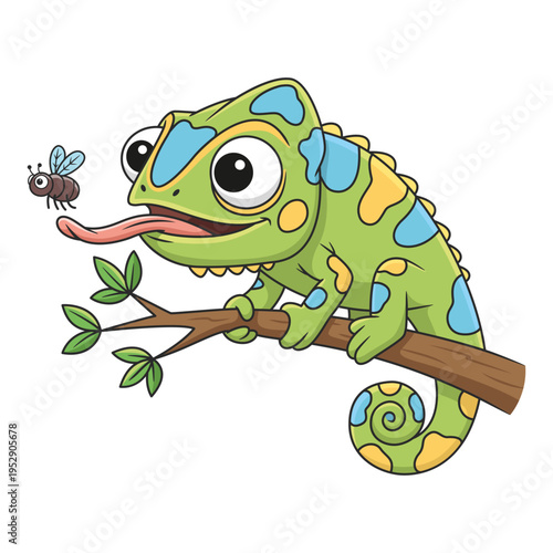 Cute Cartoon Chameleon Catching a Fly on a Branch