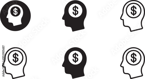 This collection features six different icons showing a human head silhouette with a dollar sign inside