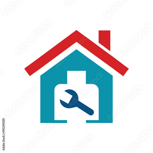 Red and blue house symbol with wrench, renovation and repair concept illustration
