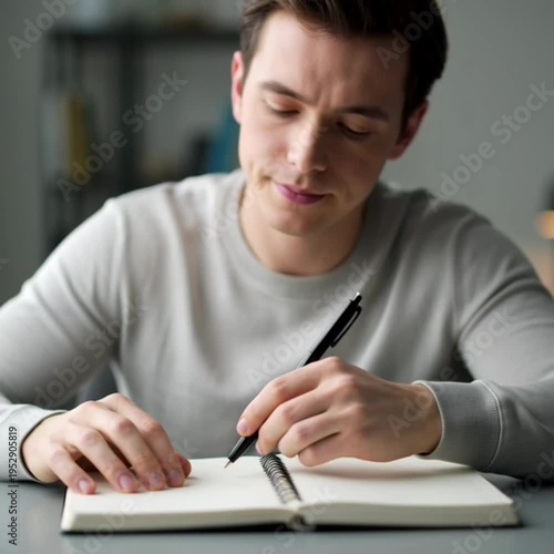 Man writing notes while studying or working