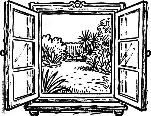 Open window overlooking garden with lush plants and outdoor greenery scene