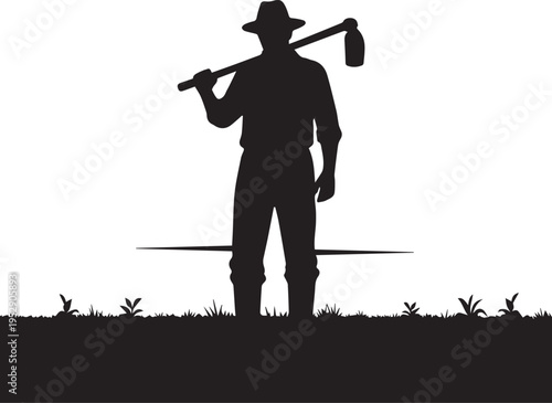 Farmer standing in field holding hoe silhouette vector illustration rural agriculture scene