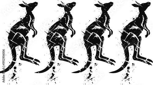 abstract kangaroo silhouettes in motion dynamic black and white animal design artistic jumping wildlife figures with textured grunge effect
