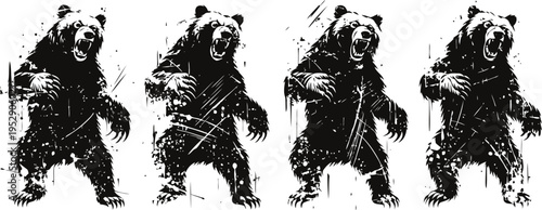 roaring bear silhouette set wild animal aggressive pose, claw marks, grizzly in attack mode nature predator illustration, wildlife concept