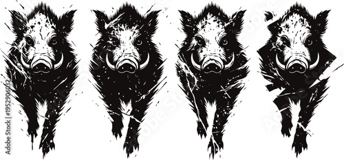 Four wild boars running forward, black and white textured ink illustration
