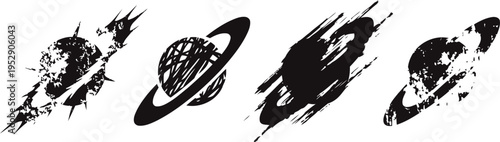 grunge black ink planets with rings illustration set space, galaxy, astronomy and cosmic art design