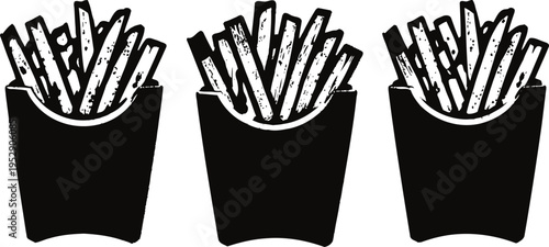 Three black silhouettes of french fries in containers, fast food snack and restaurant meal concept