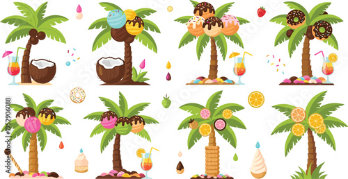 Tropical palm trees with desserts and fruits vector set featuring ice cream donuts cocktails and summer island elements illustration