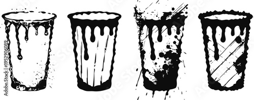 grunge paint dripping containers set in black and white distressed artistic ink blots and splatters