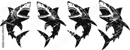 aggressive shark silhouettes with open jaws underwater ocean predators set