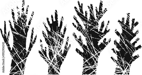black silhouettes of hands reaching upwards with scratches and distressed texture overlay on white background