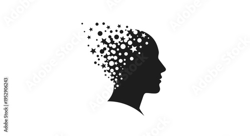 Silhouette of a human head dissolving into stars and dots, representing ideas and imagination