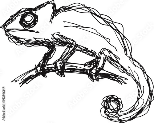 Sketch of a chameleon perched on a branch with curled tail and detailed eye drawing