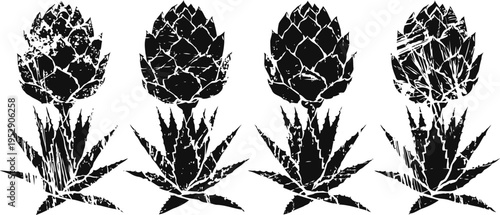 black silhouette artichoke illustrations in linear with leaves and detailed flower heads set
