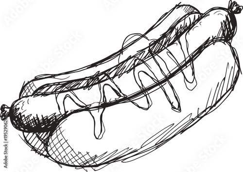 Hand drawn sketch of a hot dog with mustard sauce in a bun