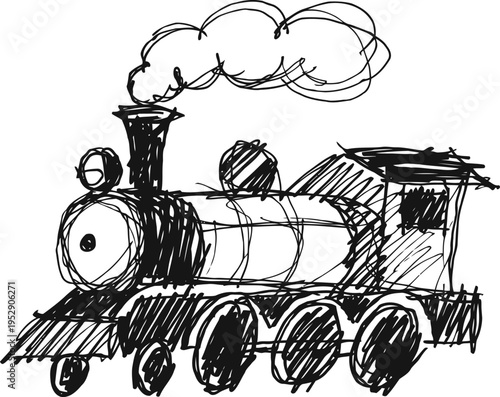 hand drawn vintage steam locomotive sketch with smoke, classic train design in black ink