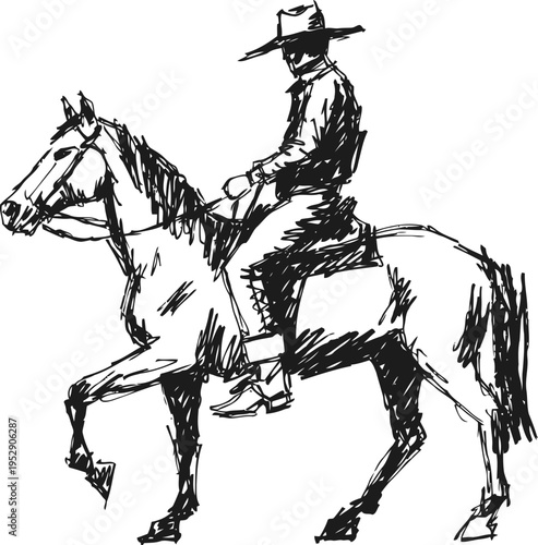 Cowboy riding horse sketch drawing with western hat and traditional outfit