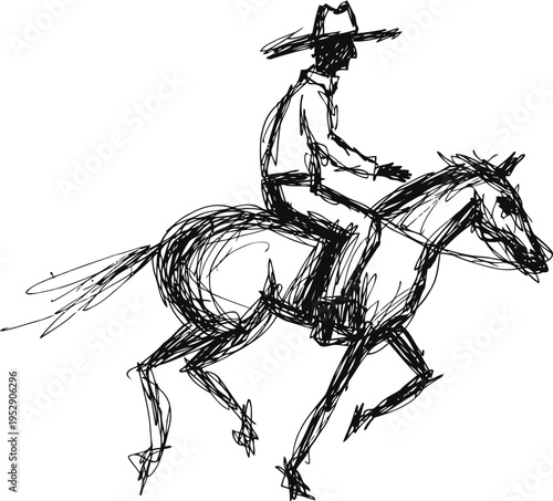 Sketch of cowboy riding galloping horse in motion, line art rural western lifestyle drawing