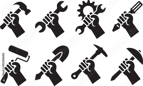 Eight strong black silhouette hands firmly grasp essential tools on a clean white backdrop