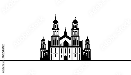 A church silhouette illustration with towers and domes on a white background