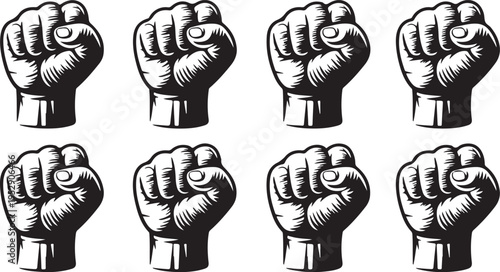Powerful collection of eight tightly clenched human fists displayed in distinct black and white
